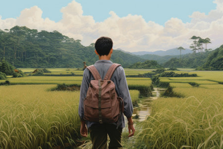 Rear view of man on green rice fieldの素材