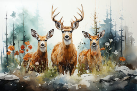 Watercolor illustration of a deer and a doe in the forestの素材