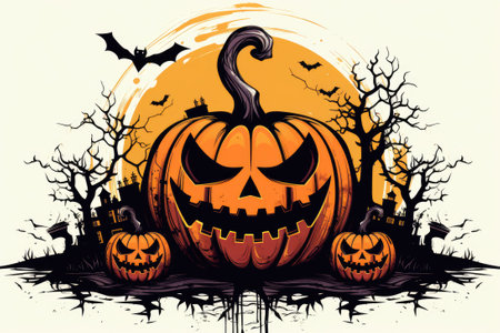 Spooky Halloween forest with scary black trees and pumpkins on the groundの素材