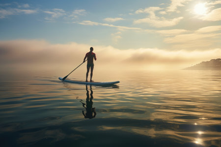 A man engages in stand-up paddleboarding on a serene lakeの素材