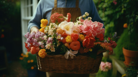 Wicker basket full of blooming flowersの素材
