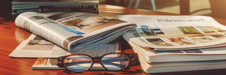 Magazines on table with eyeglasses.の素材