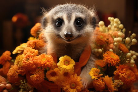 Image of meerkat with colorful flowers.の素材