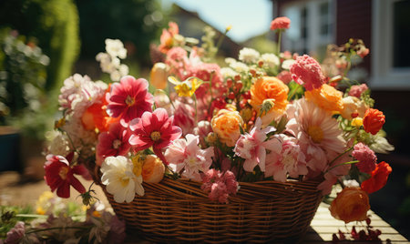 Wicker basket full of blooming flowersの素材