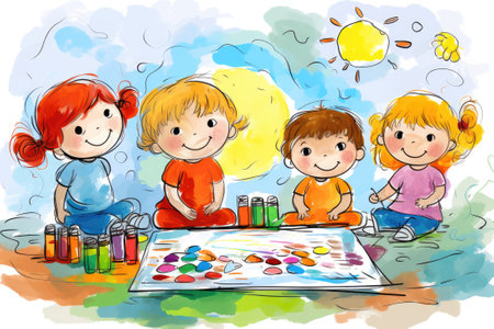Colorful picture with happy kidsの素材