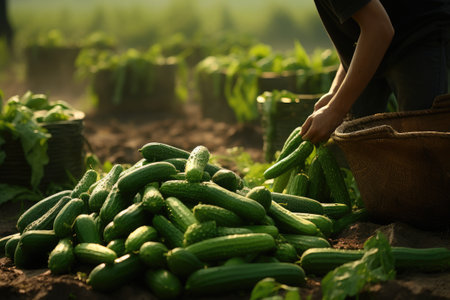 Fresh cucumbers in small hands.の素材