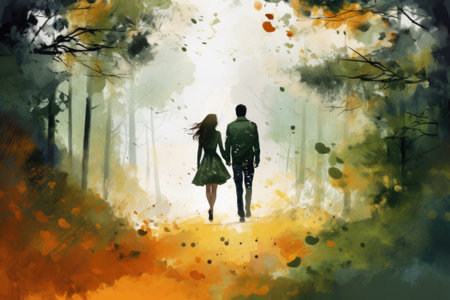 Young couple walking in autumn park, illustrationの素材