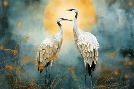 Illustration two birds cranes on a green backgroundの素材