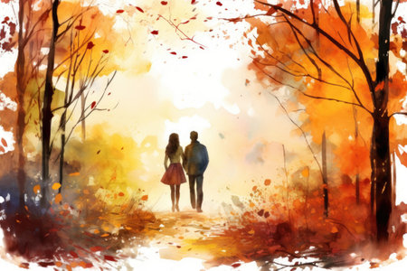 Young couple walking in autumn park, illustrationの素材