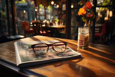Magazines on table with eyeglasses.の素材