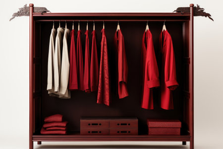 Clothes hanging in row in open wardrobeの素材