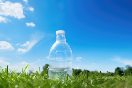 A plastic bottle on the lawn with blue sky in the background.の素材