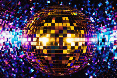 Mirrored disco ball, shiny glittering multi colored background.の素材