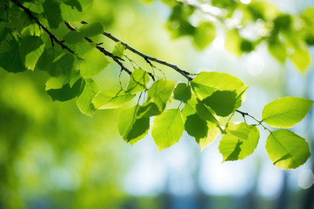Young juicy green leaves on the branches of a birch in the sun outdoors in springの素材