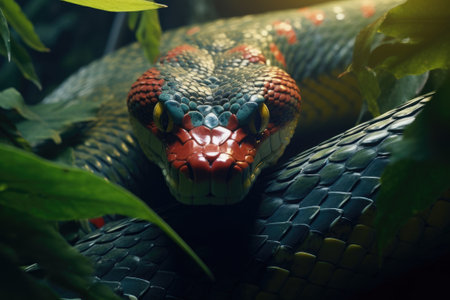 Snake curled up on a branch among the leavesの素材