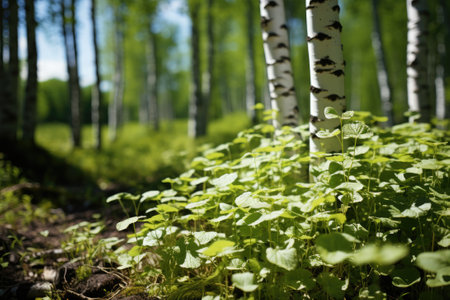 Young slim thin birch trees in the spring in the forest.の素材