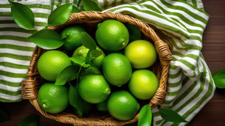 Green fresh limes on a straw small basketの素材