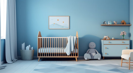 Simple, blue baby bedroom with cot and rug.の素材