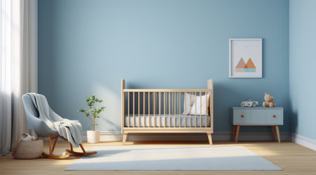 Simple, blue baby bedroom with cot and rug.の素材