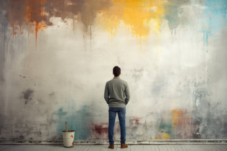 Man painting design on wall at homeの素材