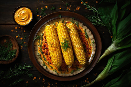 Grilled cob corn with sauce on top view.の素材