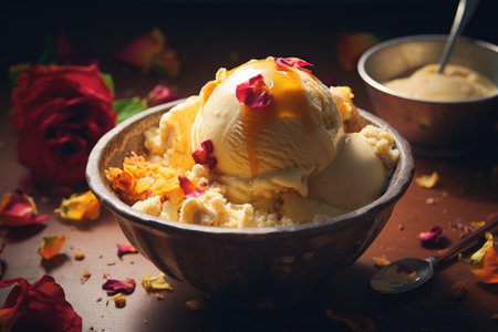 Mango ice cream scoops served in a bowl over a rustic wooden tableの素材