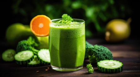 Smoothie close-up composition of fruits, vegetables and glass of detox drinkの素材