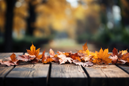 Wooden boards on the background of a blurred autumn park.の素材