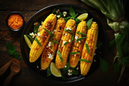 Grilled cob corn with sauce on top view.の素材