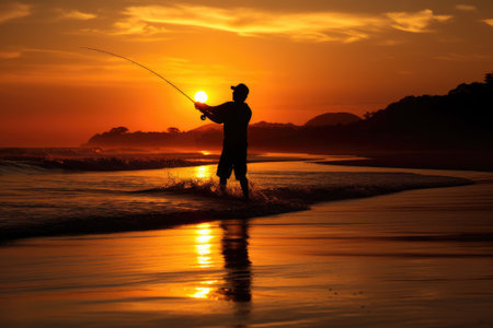 Silhouette of man fishing at sunsetの素材