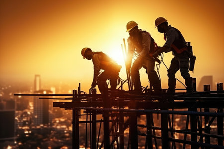 Silhouette construction work during sunset time industry construction building conceptの素材