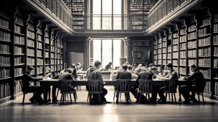 University students reading books in library for research.の素材