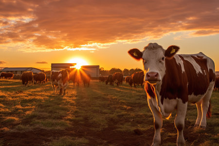 Cows grazing at sunset on a farm.の素材