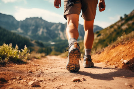 Close up male legs walking on nature mountain path.の素材