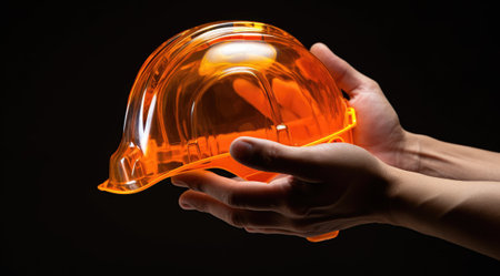 Human hand holding safety helmetの素材