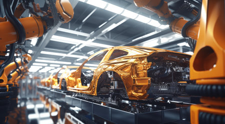Modern car manufacturing factory, robotics in vehicle productionの素材