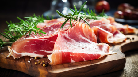Slices of tasty cured ham with rosemaryの素材