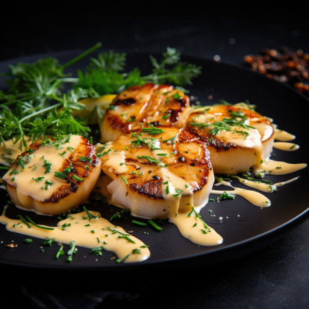Grilled scallops with creamy lemon spicy sauce and herbs on black background.の素材