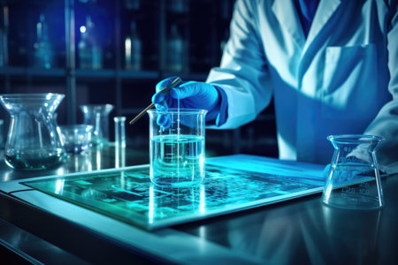 Scientist in laboratory analyzing substance in beaker, conducting medical research for pharmaceutical discoveryの素材