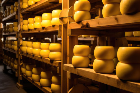 Many heads of yellow Dutch cheese in wax ripen on wooden shelves in a cheese factory.の素材
