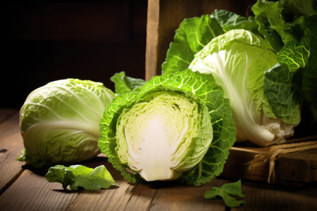 Fresh cabbage on the wooden table.の素材