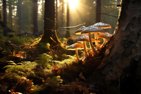Mushroom growing in forest lit by setting warm sunrays.の素材