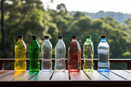 Set of many plastic bottles on wooden table recycling concept.の素材