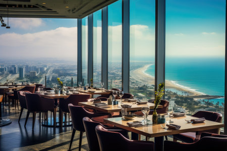Panoramic hotel restaurant overlooking the ocean or cityscape.の素材