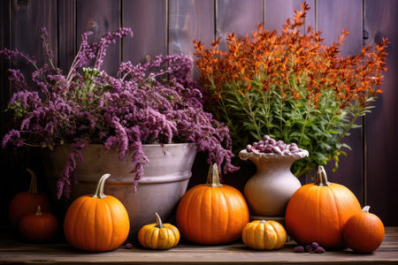 Autumn composition of pumpkin, heather and colorful flowers in potsの素材
