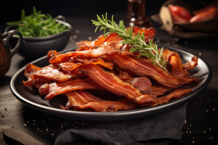 Hot fried crunchy bacon slices in plate with herbs.の素材