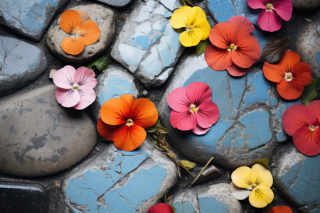 Garden flowers on the background of a stone surface.の素材