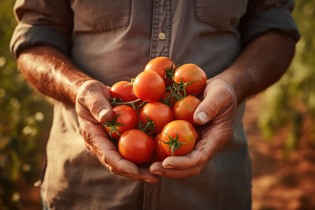 Farmer holding in his hand some tomatoes freshly picked from the ground.の素材