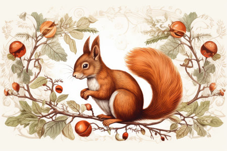 Illustration of a red squirrel with bushy tail in nature.の素材