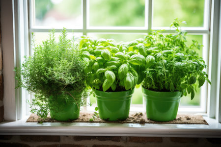 Fresh green herbs basil rosemary and coriander in pots placed on a window frame.の素材